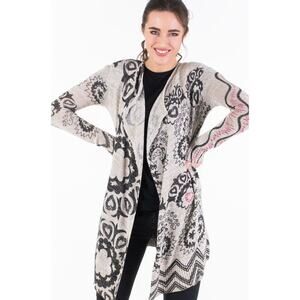 Desigual Small Boho Duster Cardigan Tan Geometric Heart Print Open Front
